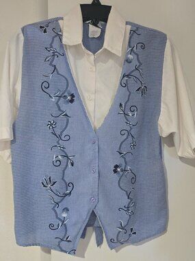 Vintage 90s Tapestry Blue Floral Embroidered Vest Blouse Combo Cottagecore Coque